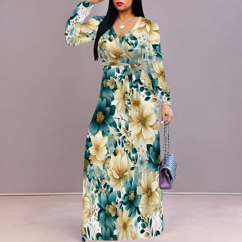 Image of Women Plus Size Long Sleeve V Neck Maxi Dress with Belt | Soft fabric relaxed fit three quarter sleeve v neck with pockets for party and daily wear