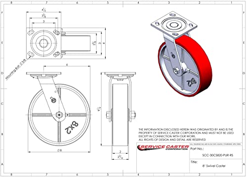 Polyurethane On Cast Iron Swivel Top Plate Caster Set Of 4 W/8" X 2" Red Wheels - Includes 4 Swivel - 5000 Lbs Total Capacity - Service Caster Brand #TOP2