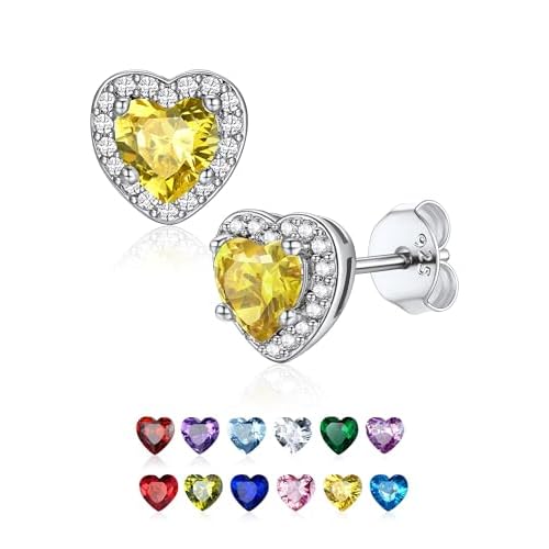 Dainty Sterling Silver Birthstone Stud Earrings, Heart Crystal Stud Earring, Jan - Dec Birthday Gift for women/Come with Box 11 silver-November