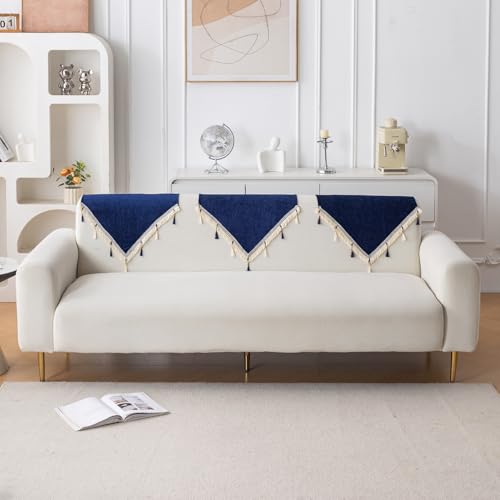 Image of HOKIPO 'Serenity Tassel' Chenille Sofa Back Cover with Tassels - 1 Pc Sapphire Navy (IN-894-NBL)