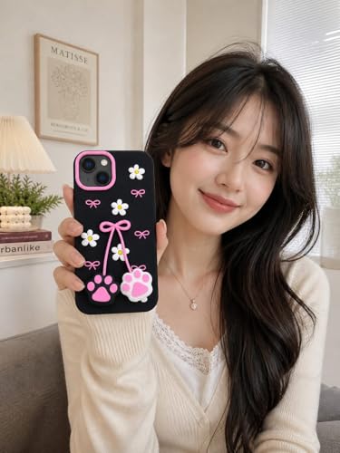 Image of for iPhone 15 Soft Silicone Phone case Features 3D Cartoon Flower and cat paw Claw Designe | Full Camara Protection | Super Soft-Touch |Shock Proof Back Cover for iPhone 15 (Black)