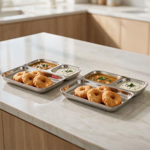 Image of HAZEL Stainless Steel Pav Bhaji Plate | 3 in 1 Section Plate Set of 2
