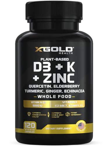 Vitamin D K2 K1 Zinc Quercetin Elderberry Turmeric Ginger & Echinacea Whole Food Supplement 8 in 1- D3 5000 IU Plant-Based from Lichen Vitamin K (K2 MK7 MK4 K1) D3 K2 Vitamins -120 Capsules