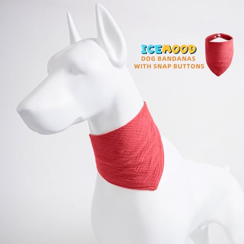 ICEMOOD Haustier-Baumwoll-Bandanas mit verstellbarem Druckknopf für kleine Welpen – Einfarbiges Hundehalstuch,Wein Rot,M