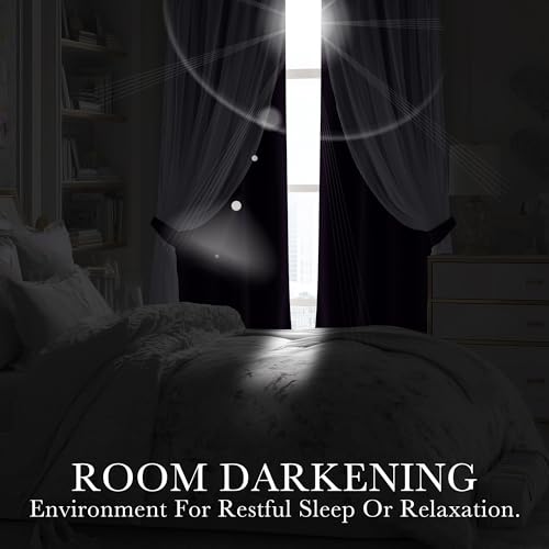 Image of PONY DANCE Bedroom Curtains Purple, 52 inch Wide and 63 inch Long, Royal Purple | Mix & Match Room Darkening Curtains with White Crushed Sheer Voile, 2 Panels