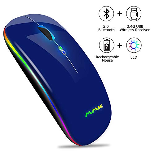 Ratón Inalámbrico Bluetooth Recargable, Ratón Retroiluminado de 7 Colores con Mini Receptor USB de 2,4 GHz, 1200,1600DPI Ajustable,Compatible con Laptop,PC,Ordenador,Chromebook, Notebook-Azul oscuro
