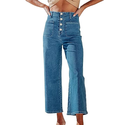 Womens Mom Fit Organic Cotton Ankle Jeans Loose Straight Wide Leg Cropped Denim Pants Comfort Stretch High Waisted Tummy Control Tailored Denim Jean Pants with Pockets