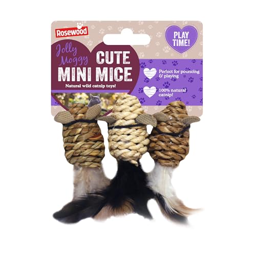Rosewood Jolly Moggy Catnip Mice Toys – Set of 3 Mini Mice with Natural Catnip for Cats and Kittens, Interactive Cat Toy for Indoor Play, Hunting and Exercise