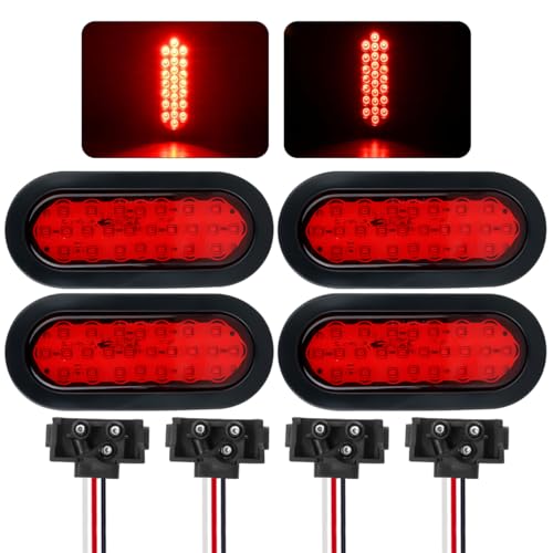 Ronybuy 6 Inch Red Oval Led Trailer Truck Lights 24 LED Waterproof Sealed 6 Stop/Turn/Tail Light Marine Boat Trailer Lights with [DOT SAE] Include Flush Mount Grommets 3-Prong Wire Plugs 4PCS