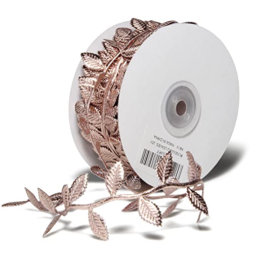 BASOKAN Rose Gold Leaves Ribbon for Wedding Party Home Decorations - 20 Yards - Leaf Trim Rope for Garland and DIY Crafts