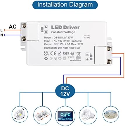 VARICART LED Driver 12V 30W, LED Transformer 240V to 12V DC 2.5A, Constant Voltage Switching LED Power Supply Adaptor, Low Voltage Transformers for LED Strip Lights and G4, MR11, MR16 LED Light Bulbs