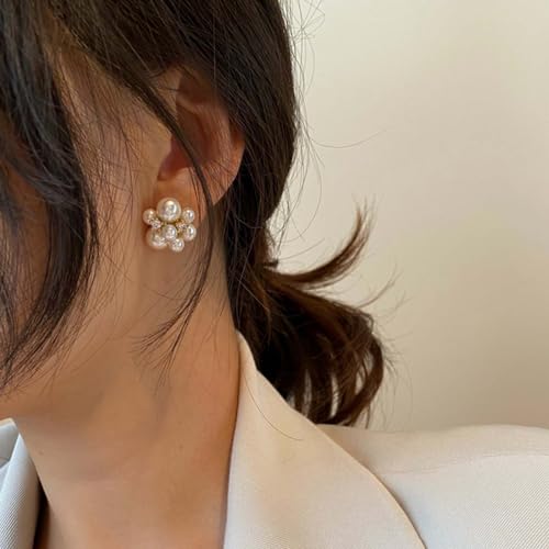 YienDoo Boho Cluster Pearl Stud Earrings - Unique French Ball Drop Statement Rhinestone Simulated Bridal Earrings - Wedding Fireworks Jewelry for Women2