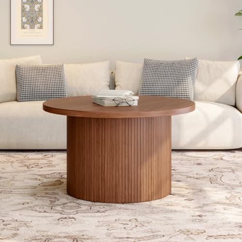Image of Wooden Coffee Table for Living Room | Modern Fluted Drum Center Table with Wood Grain Finish | Walnut Brown