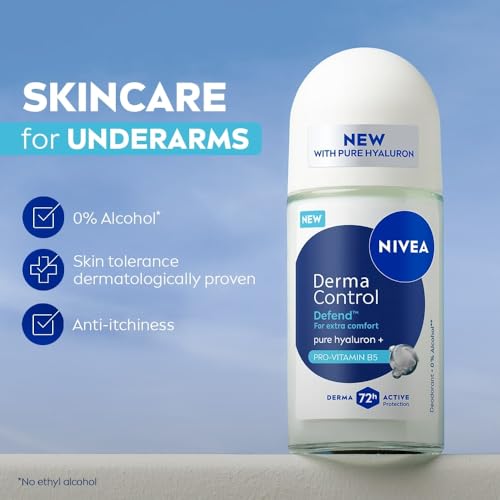 Image of NIVEA Derma Control Defend Underarm Deo Roll-On for Women | Defends Against Irritation | 72H Derma Active Protection | With Pure Hyaluronic Acid & Pro-Vitamin B5 | 0% Alcohol | 50 ml