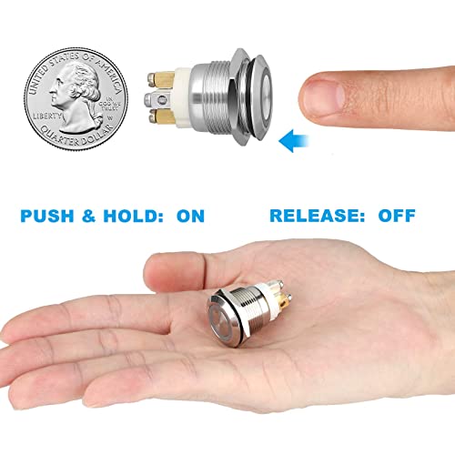 5Pcs 19Mm Momentary Push Button Switch With Blue Led Indicator Light, 12V Pushbutton Switch Waterproof Stainless Steel Metal Spst Momentary Switch For Car Marine Boat 12V 24V 110V 250V 5A #TOP1