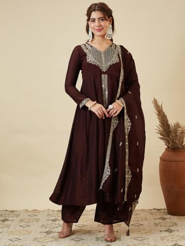 Image of MOKOSH Women's Silk Anarkali Kurta Pant with Dupatta | Anarkali Kurta Set | Embroidery | Indian Kurta Outfit With Pant | Ethnic Kurta | 3 Piece Outfit