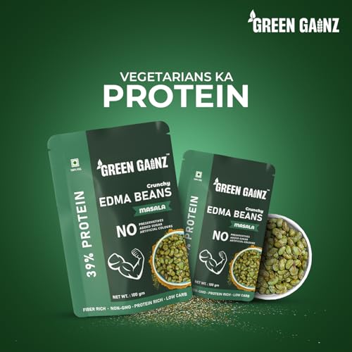 Green Gainz Roasted Edamame Masala Flavour 100gm | 100% Veg High Protein Snack | No Added Sugar | Non-GMO | Rich in Fiber | No Gluten