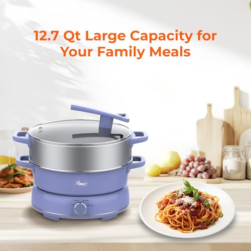 Image of Rosewill 12.7 QT Electric Hot Pot Slow Cooker with Multiple Functions, Split Design with 11.8 inch Wider Cooking Pot and SUS Steam Basket, 1600W High Power, Includes Utensils - Iris