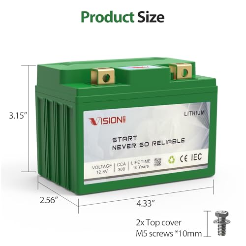 Image of VISION Lithium Motorcycle Battery YTX4L-BS / YTX5L-BS, 300CCA 12V 4.5AH, Maintenance-Free Powersports Battery with 2 Universal-Fit EVA Spacers, Compatible with Motorcycle ATV Jet Ski[- +]) Green