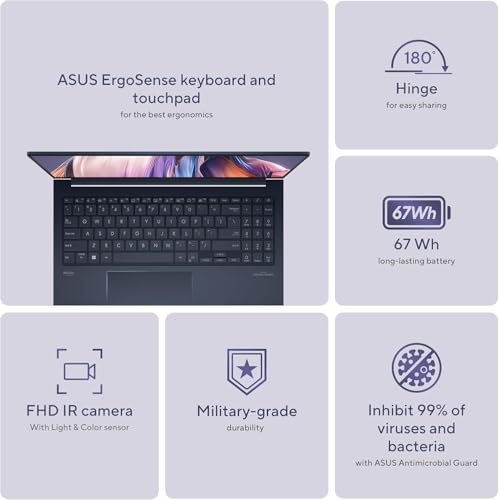 Zenbook 15 Business Slim Laptop, 15.6" FHD 100% sRGB, AMD Ryzen 5 7535U, tastiera retroilluminata, Wi-Fi 6E, USB C, Windows 11 Home, con panno (16GB LPDDR5 RAM | 1TB PCIe SSD) - Notebook - Immagine 3