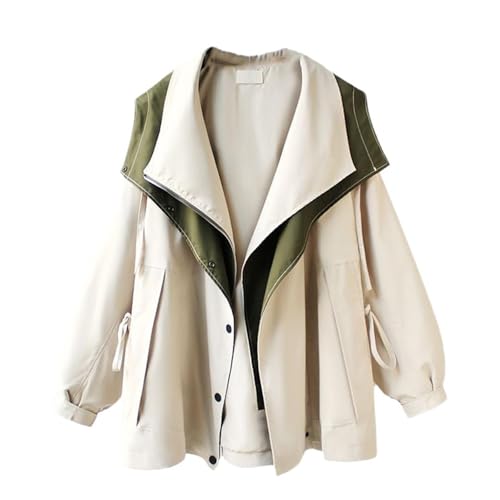 Chaqueta casual con solapa para mujer, con capucha, cremallera, holgada, bloque de color, cintura media, cortavientos, blanco crema, XL