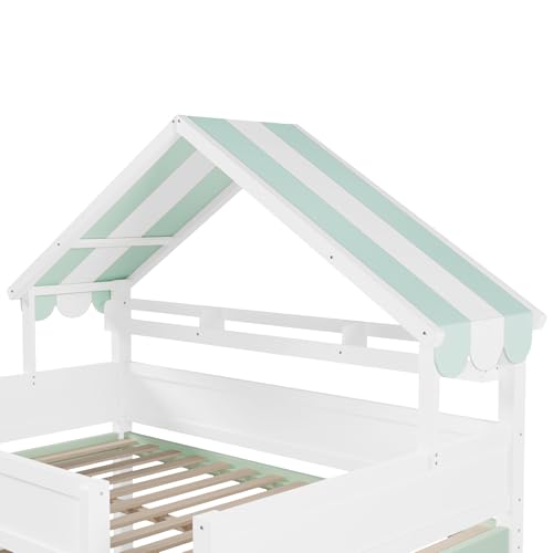 Image of Full Size House Loft Bed with Canopy Roof and Storage, Perfect for Kids' Bedroom, Sleepovers & Organized Living (White+Green)