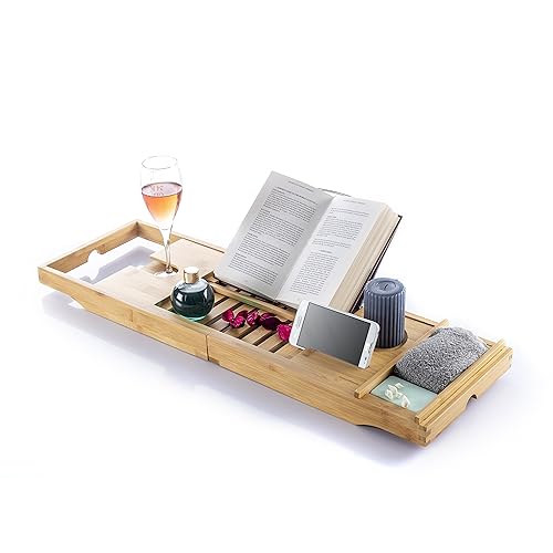 InnovaGoods® Bandeja bañera de Bambu, Bandeja baño Extensible 70-104 cm, Incluye Bandeja extraíble, Bandeja baño con Ranura de sujeción para Smartphone, Soporte para Copas y 3 Niveles de inclinación.