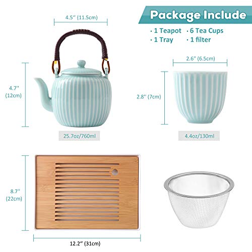 Dujust Japanese Tea Set, Cyan-Blue Porcelain Tea Set With 1 Teapot Set, 6 Tea Cups, 1 Tea Tray, 1 Stainless Infuser, Asian Tea Set For Tea Lover/Women/Men (Bamboo Inspiration - Straight Grain Design) #TOP4