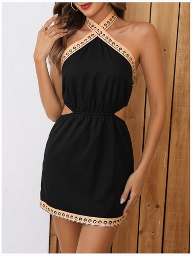Image of MakeMeChic Women's Boho Mini Dress Summer Beach Vacation Halter Dresses Floral Sundress