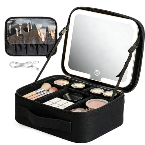 Kosmetiktasche mit LED - Beleuchtung Licht,7 Staufächer Reise-Kosmetikkoffer,3-in-1 Kosmetikkoffer Tasche Damen,Verstellbare Trennwand Schminkkoffer,für Reise,Waschtasche,Waschbeutel (Schwarz)