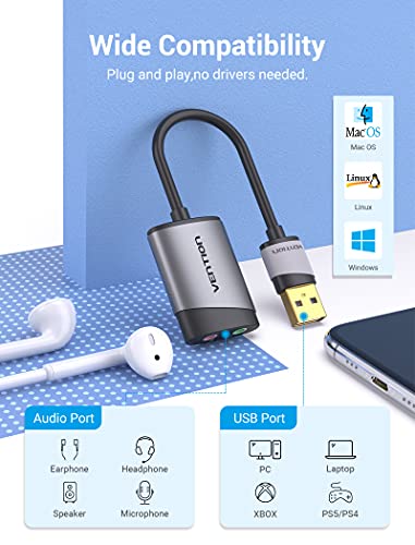 Vention Usb Sound Card, External Sound Card - Usb To 3.5Mm Jack Audio Adapter With Noise Reduction Chip, Stereo Sound Card Headphone Or Mic Converter Compatible With Ps5, Ps4, Laptop, Pc (2 Jack) #TOP1