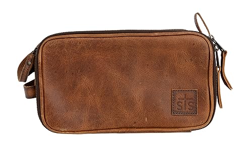 STS Ranchwear Men's Premium Full Grain Leather Oiled Waxed Tucson Double Shave Kit Bag Slots, 1 Interior Zip Pocket, 2 Mesh Interior Side Pockets