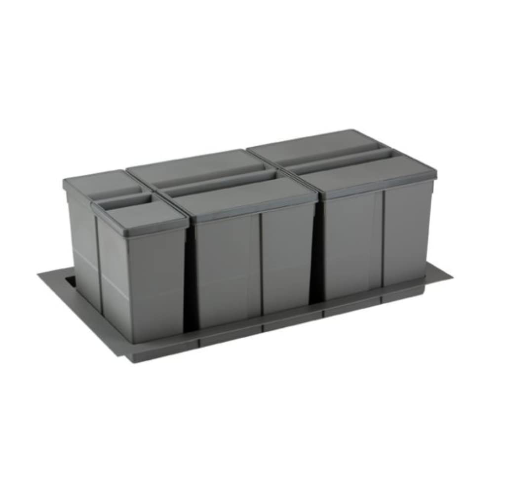 AZERODESIGN - Cubo de Reciclaje para Interior - 2 Cubos de 26L y 1 Cubo de 11L - Ancho Módulo 90-27,7x49x84 cm - Base Recortable en Anchura y Fondo - Color Antracita - Material de Plástico PVC