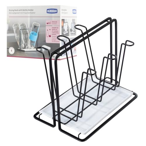 Xavax Abtropfgestell für 6 Flaschen (Flaschenhalter aus Metall Abtropfständer für Gefäße mit Abtropfschale für Sodastream Air up Avent Philips) schwarz