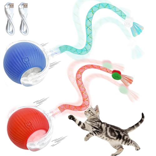 Interaktives Katzenspielzeug Ball Mit Schwanz und LED-Licht Intelligent Elektrisch Katzenball 3 Spielmodi Rollender Spielzeug Ball Anwendbar für Hauskatzen Selbstbeschäftigung Spielzeugball(Rot+Blau)