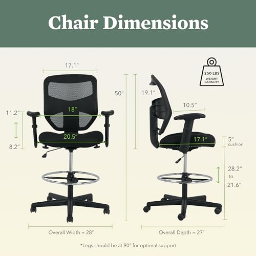 Image of HON Prominent Mesh Ergonomic Standing Office Drafting Chair with Adjustable Arms, Footrest, 360 Swivel Task Chair for Computers, Desk, Home Office, Black