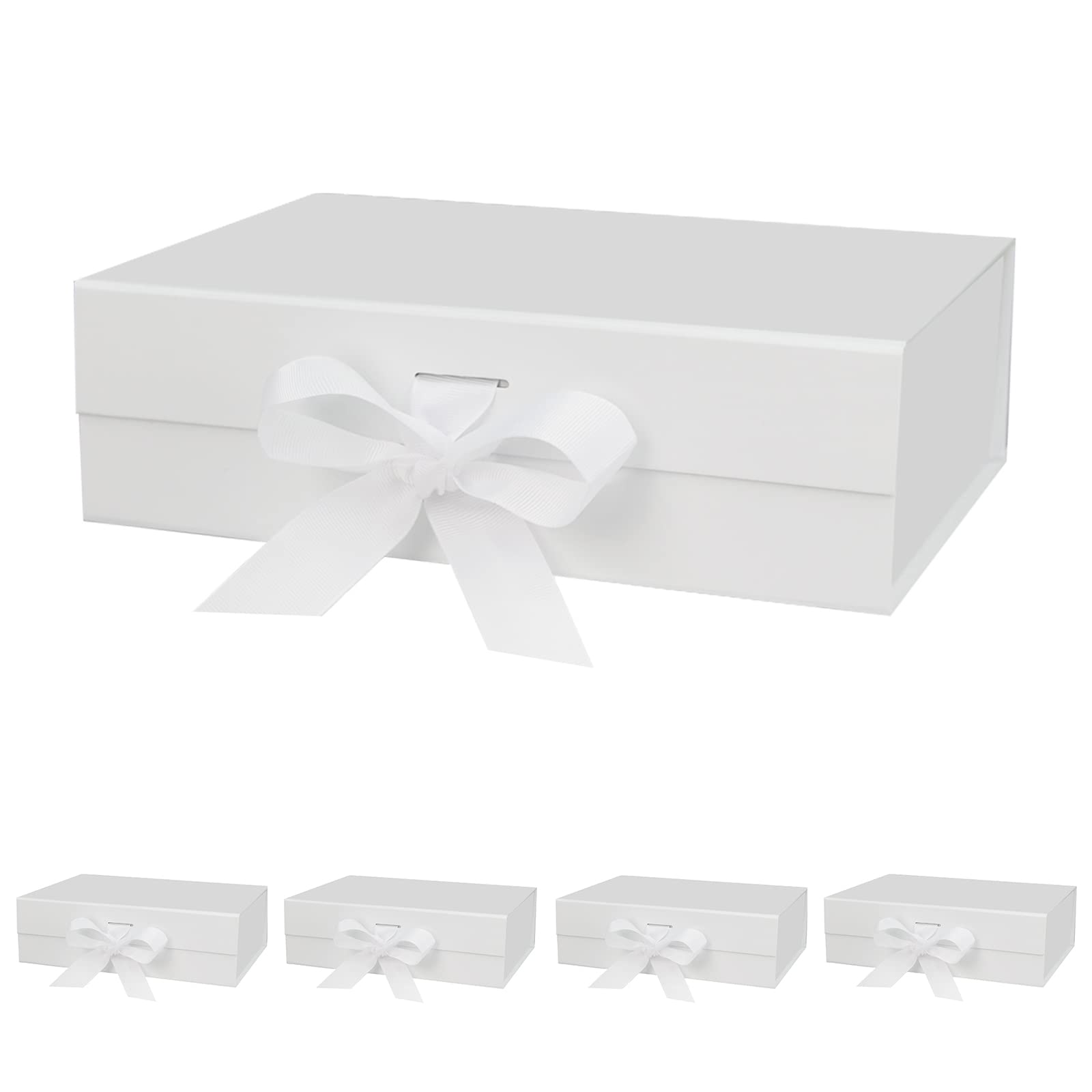 DaiUni 5 Pack 10.5"X7.5"X3.1" White Magnetic Gift Box with Lid and Ribbon for Presents
