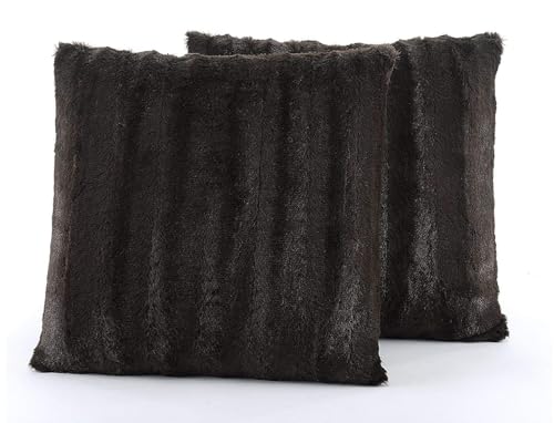 Cheer Collection Faux Fur Throw Pillows - Decorative Pillows for Couch, Bed Throw Pillows, Chocolate Accent Pillows for Bedroom or Living Room Aesthetic, Set of 2 Furry Throw Pillows, 18”x18”