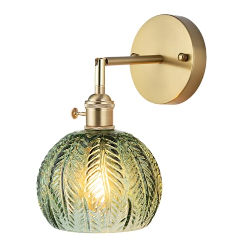 Image of Cerdeco Vintage Wall Sconce with Green Leaf Glass Shade,180Adjustable Arm and Golden Base,Modern Indoor Wall Light Lighting for Bedroom