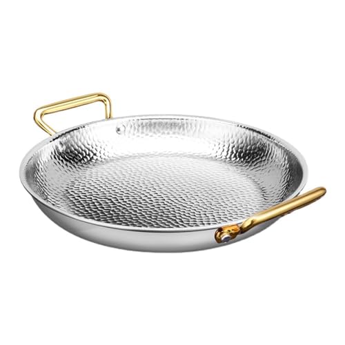 Paella española plateada, 304 de acero inoxidable grueso martillado a mano antiadherente martillado a mano para mariscos, sartén sin revestimiento con doble asa para hogares o restaurantes, plateado