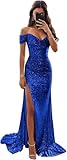 Eightale Sequin Long Royal Blue Prom Dress Mermaid Off Shoulder with Slit Sparkly Bridesmaid Dresses Backless Formal Party Gown US4
