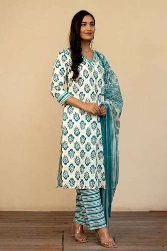 Image of MIRCHI FASHION Women's Straight Fit Pure Cotton Floral Printed Kurta Set with Dupatta and Pant
