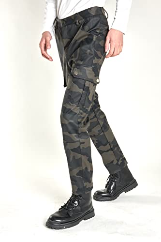Men`s Multi Pockets Motorcycle Biker Stretchy PU Faux Leather Cargo Pants Workwear Trousers3