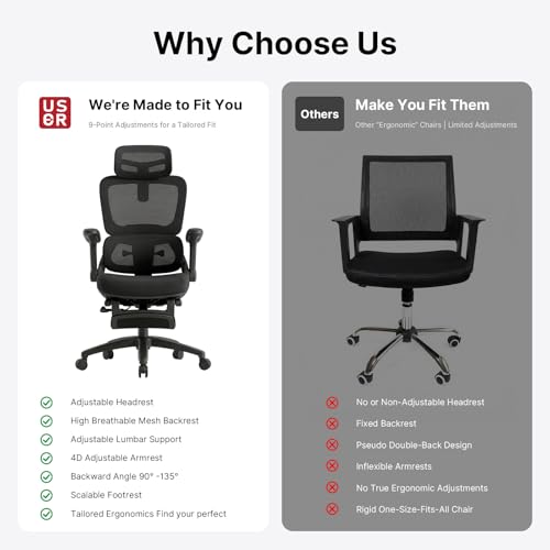 USOR Ergonomic Office Chair with 4D Adjustable Armrests & Dynamic Lumbar Support High Back Mesh Computer Desk Chair for Gaming and Work Adjustable Headrest Tilt Function and Retractable Footres tBlack - Image 8