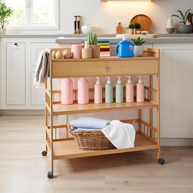 3 Tier Rolling Cart with Drawer & Wheels - 27.5¡Á11.8¡Á32.3 Kitchen Storage Organizer Cart, Mobile Utility Cart with Lockable Wheels for Bathroom, Living Room, Office-lCfgrTrn