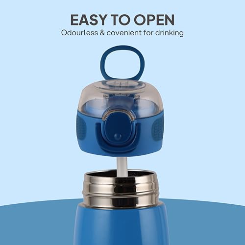 Image of Cello Kidzbee Flare 450 Insulated Stainless Steel Sipper Water Bottle 444 ml, Blue | Web Warriors Cartoon Design Hot & Cold Bottle | Vacuum Insulated Leakproof Easy to Carry Water Bottle for Kids