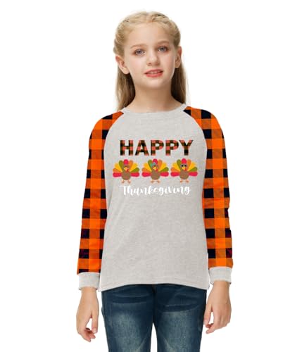 Image of Remimi Girls Thanksgiving Shirts Buffalo Plaid Raglan Tee Cute Turkey Holiday Party Long Sleeve Tshirt 5-14 Years