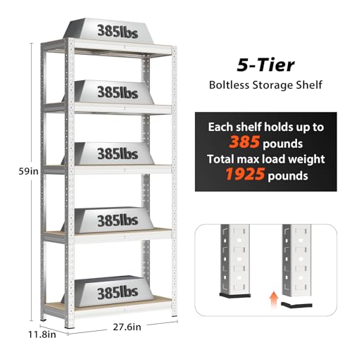 VickyHome Garage Shelves, 5 Tier Heavy Duty Shelving Unit Storage Rack, 875KG Capacity 175KG Per Shelf Workshop Storage Metal Shelf with Adjustable Height Pantry Shelves for Storage, 150CM Silver - Image 4