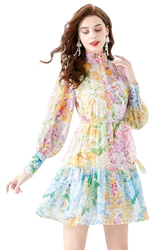 LAI MENG FIVE CATS Women's Floral Print Long Lantern Sleeve Ruffle Casual Button Belted Thin Fabric Mini Dress2