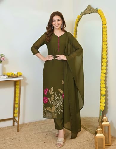 Image of ANNI Designer Women's Viscose Blend Embroidered Straight Kurta with Pant & Dupatta | Ethnic Kurta Set for Women | 3 /4 Sleeve Festive Traditional Dress | Office, Party & Daily Outfits Suit Set
